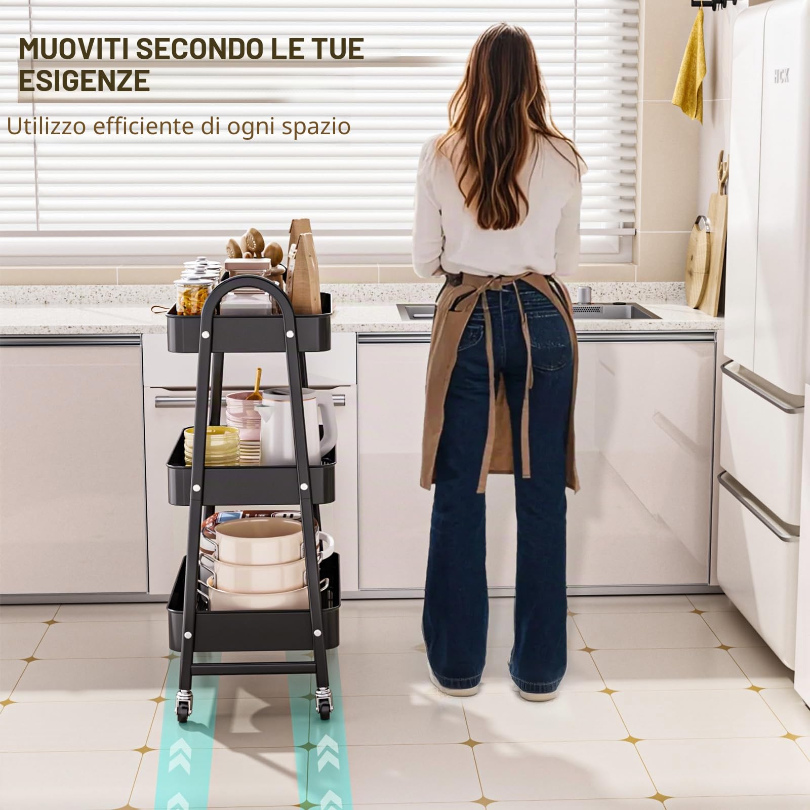 Carrello Multiuso Metallo a 3 Livelli con Ruote - Carrello Portaoggetti Carrello da Cucina Salvaspazio in Bagno, Ufficio, Nero