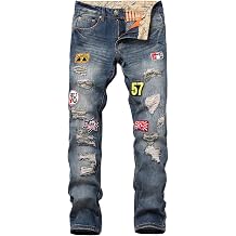 Mens Ripped Slim Fit Jeans, Distressed Straight Leg Denim with Stretch, Casual Streetwear Biker Style