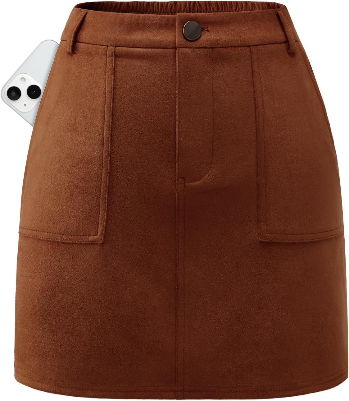 Bridesmay Women's Suede Mini Skirt with Pockets - Elastic High Waisted A-Line Short Pencil Skirts for Women