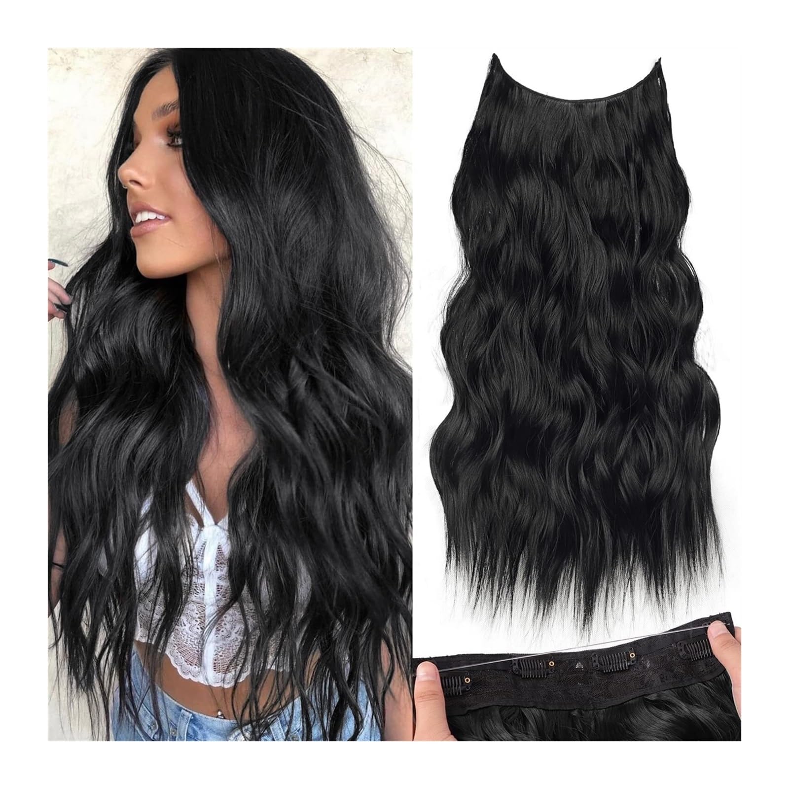 Clip nelle estensioni dei capelli Estensioni for capelli con filo invisibile sintetico con filo trasparente 4 clip sicure Parrucchino segreto ondulato lungo 22 pollici nero for donna Clip per estensio