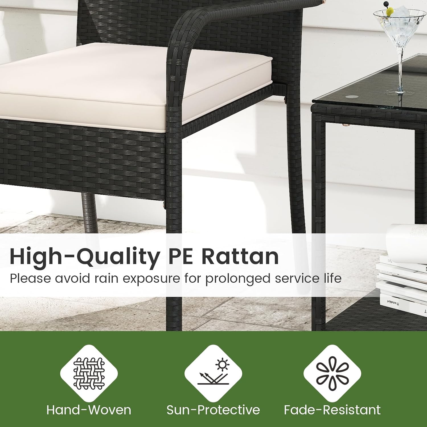 Tangkula 3 Pieces Patio Furniture Set, PE Rattan Outdoor Cushioned Conversation Chairs with 2-Tier Tempered Glass Tabletop Table, for Balcony, Garden and Poolside (Off White)