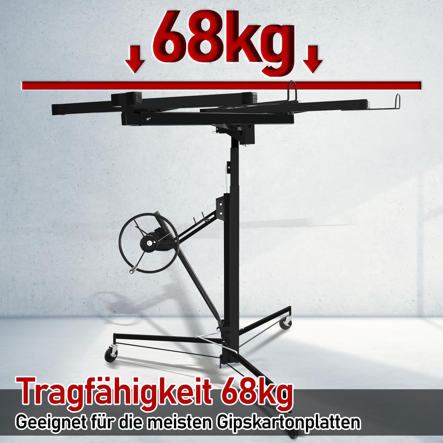 Ikodm Sollevatore pieghevole XXL per lastre di cartongesso, altezza di lavoro regolabile in altezza, larghezza massima 294 cm, carico 68 kg, 3 ruote, nero