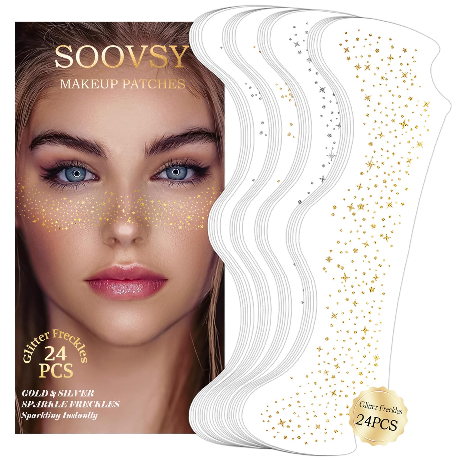 24pcs Gold and Silver Glitter Freckles Face Tattoo, Sparkle Freckles Temporary Face Tattoos, Face Glitter Makeup Patches Speckles for Women,