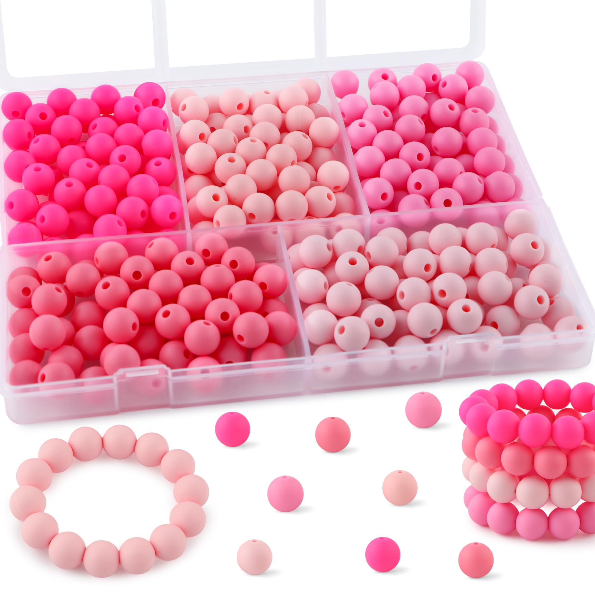 Kovict 300Pcs Silicone Beads 9mm Mix Color, Bulk Silicone Beads 9mm for Keychain Pens and Bracelet Making(Pink)