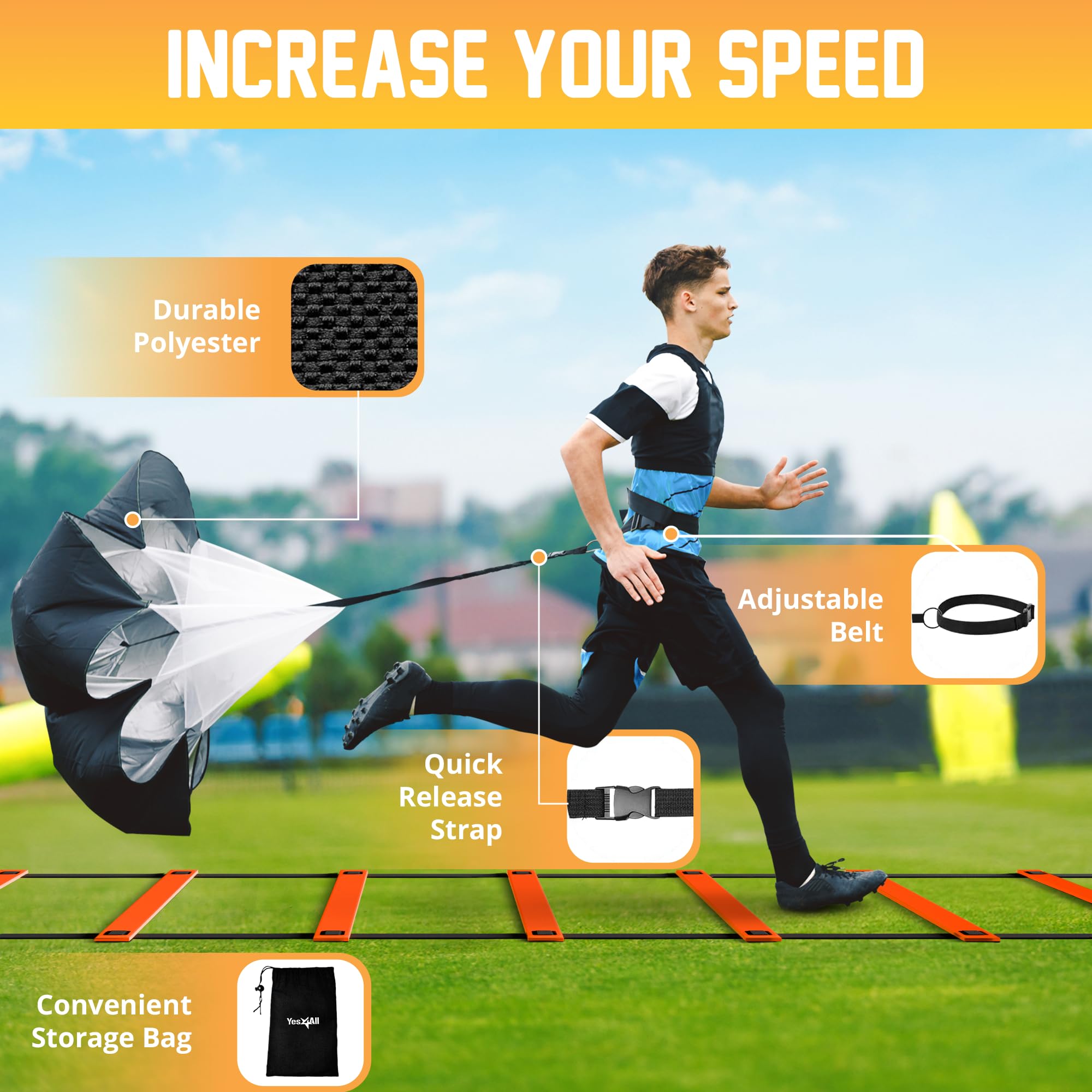 Yes4All Juego de Equipo de Entrenamiento de Velocidad: Escalera de Agilidad de 15 pies, paracaídas de Resistencia, 5 obstáculos de Agilidad, 12 Conos de Disco con Bolsa de Transporte/Correa