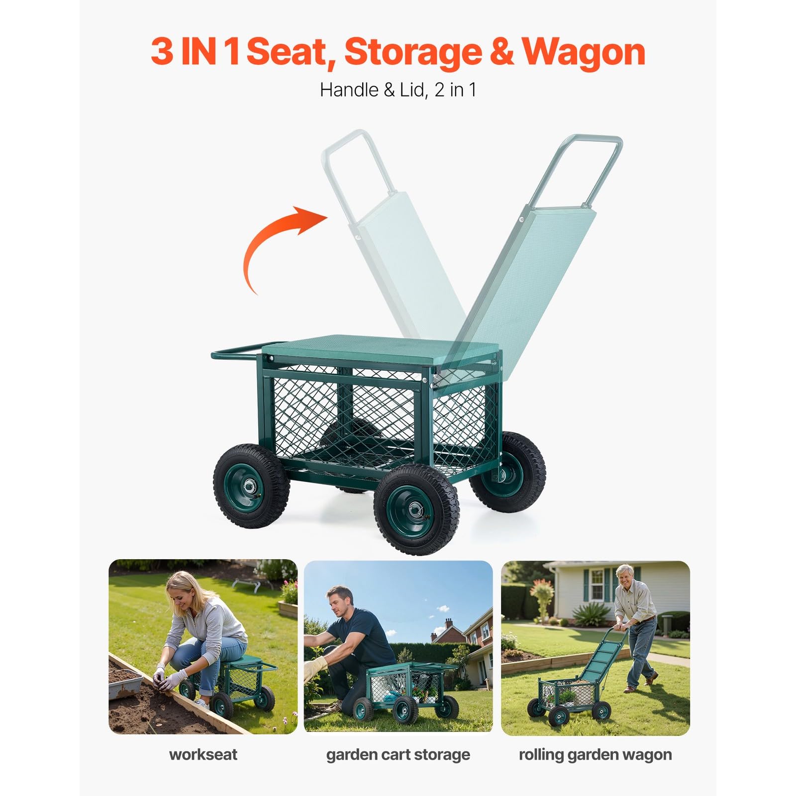 Carrello da giardino in metallo resistente, sedile da giardino su ruote, supporto portatile per la mobilità esterna per giardinieri, cura e lavori in giardino
