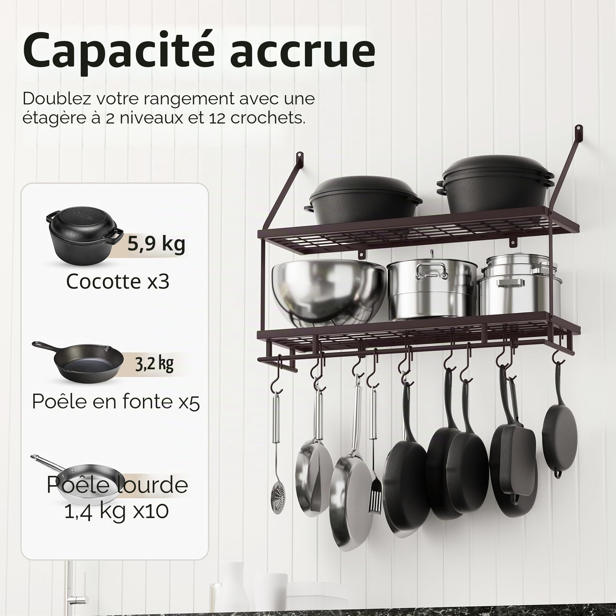 KES Support mural pour casseroles 76 cm bronzé huilé à 2 niveaux, organisateur mural pour casseroles et poêles avec 12 crochets robustes, style ferme, KUR215S75B-OB