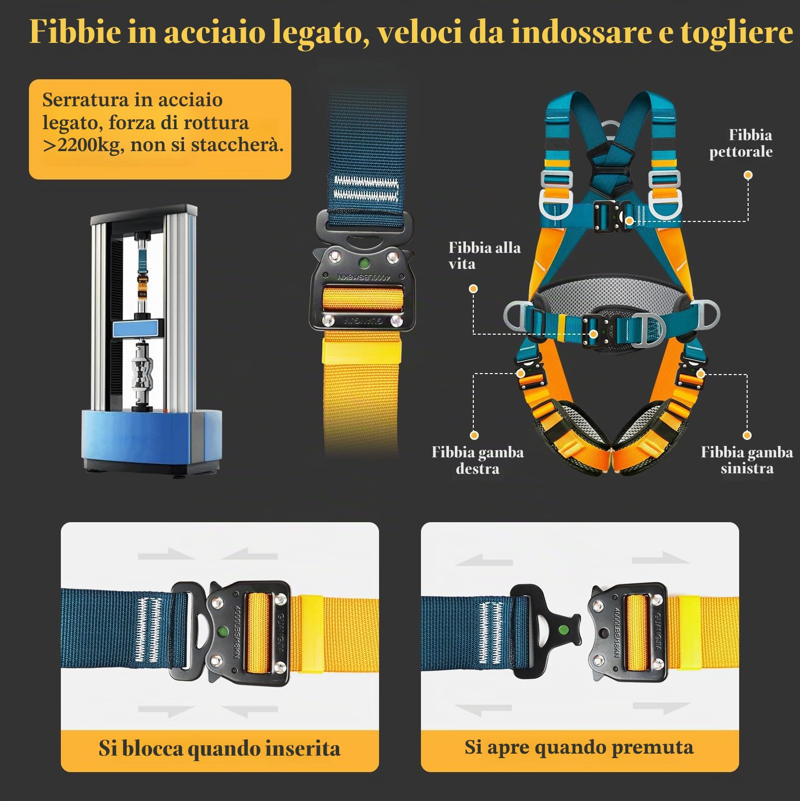 Imbracatura di sicurezza anticaduta con cordini, imbracatura anticaduta, linea vita tetto kit, cintura di sicurezza lavoro, con 2 fibbie grandi e 2 cordini da 2 m, portata 140 kg, per lavoro aereo