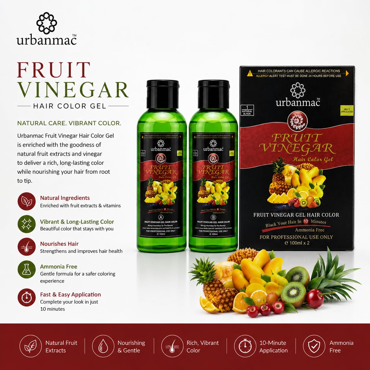 URBANMAC Fruit Vinegar Gel Hair Color Natural Hair Color Dye for Black Hair Dye (BLACK, 100ml X 2) 2