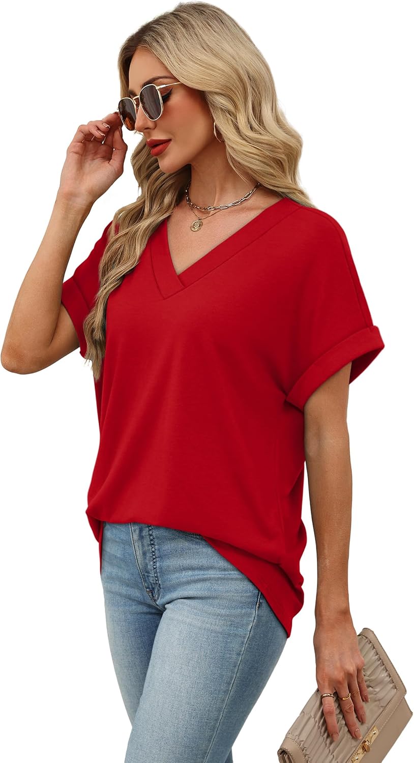 WIHOLL Womens Short Rolled Sleeve Shirts Oversized V Neck Tshirts Plus Size Summer Tops 2026 Dressy Casual Blouses S-4XL - Image 4