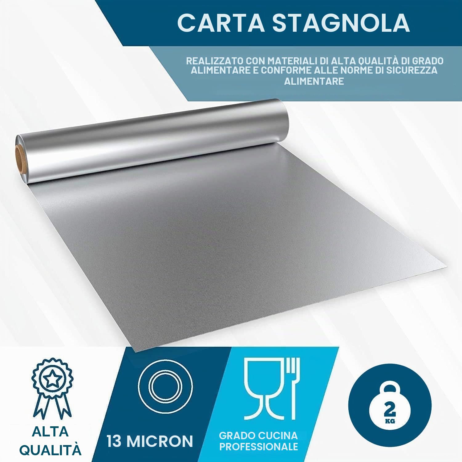 Carta alluminio cucina 【40 cm x 200 m 13 micron】 Grande malleabilità senza rotture, rotolo professionale ideale per dispenser di carta alluminio e pellicole, imballaggio resistente con sega.