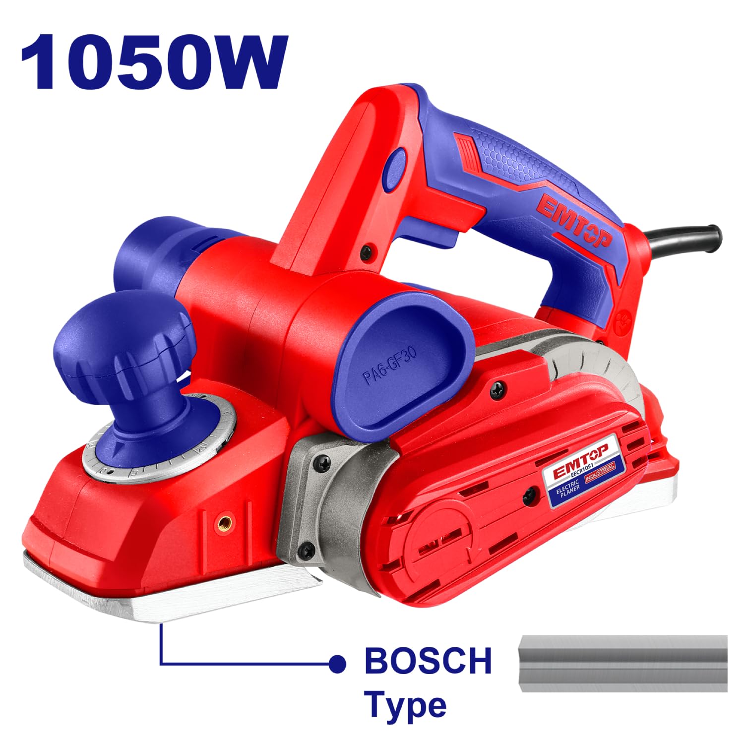 EMTOP - Cepillo eléctrico | 1050 W | 220-240 V | 16000 RPM | Ancho Cepillado 82 MM | Profundidad Cepillado 3 MM | Para Cepillado y Acabado de Madera en Carpintería | Diseño Robusto