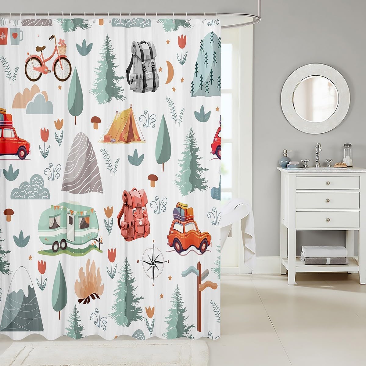 Camper Theme Shower Curtain, Happy Camping Bathroom Shower Curtain Sets, Travel Car Rv Accessories Fabric Shower Curtain, Botanical Flowers Mountain Adventure Bath Curtain Bathroom Decor 72"Wx78"L