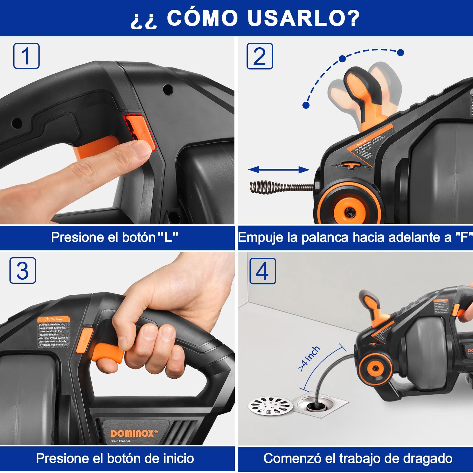 Limpiador de tuberías de 18V con espiral de limpieza de 7,6m para tuberías de 18-65 mm, Limpiadores de tuberías de batería para baños, cocinas, baños