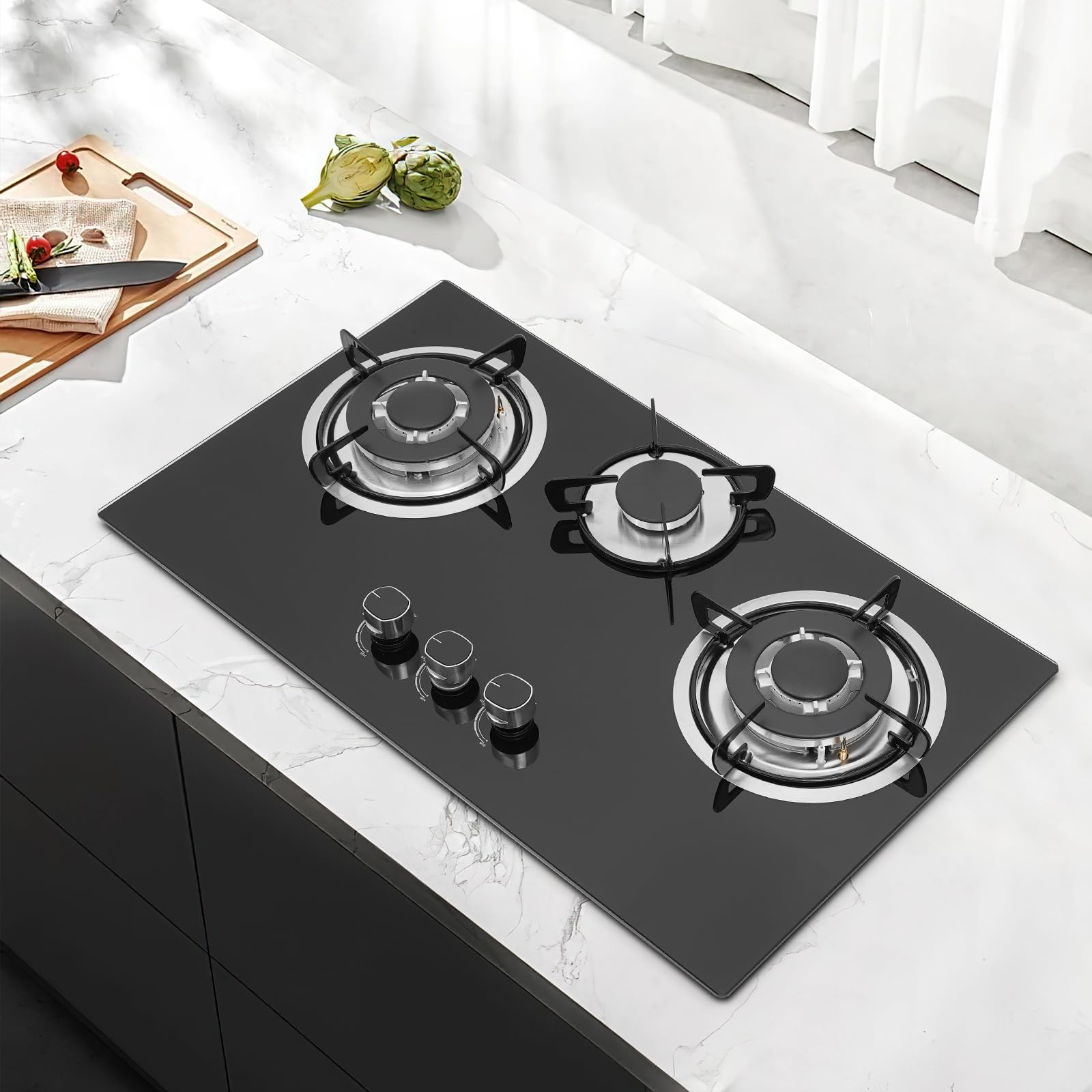 Fornello a gas in vetro da incasso, piano cottura a gas a 3 fuochi Gas Stove, fornello a gas per piani cottura LPG/NG, incluso supporto per pentole, telaio smaltato e testa del forno in alluminio