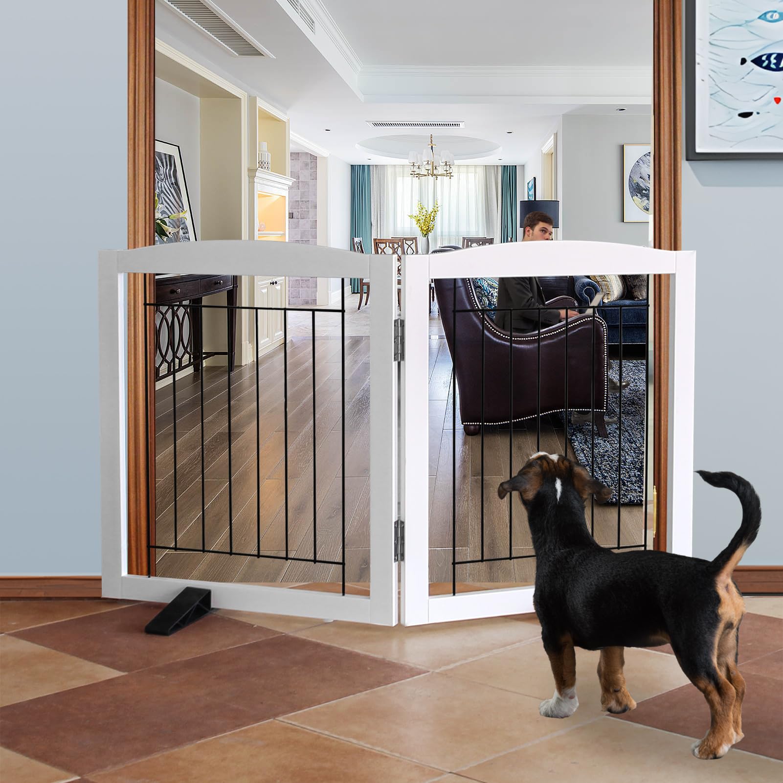 ZJSF Freestanding Dog Fence Indoor, Foldable Dog Gate for Doorways, Stairs or Hallways, Sturdy Wood Extra Wide Pet Gate with Support Feet for The House, White, 24 "Height-2 Panels