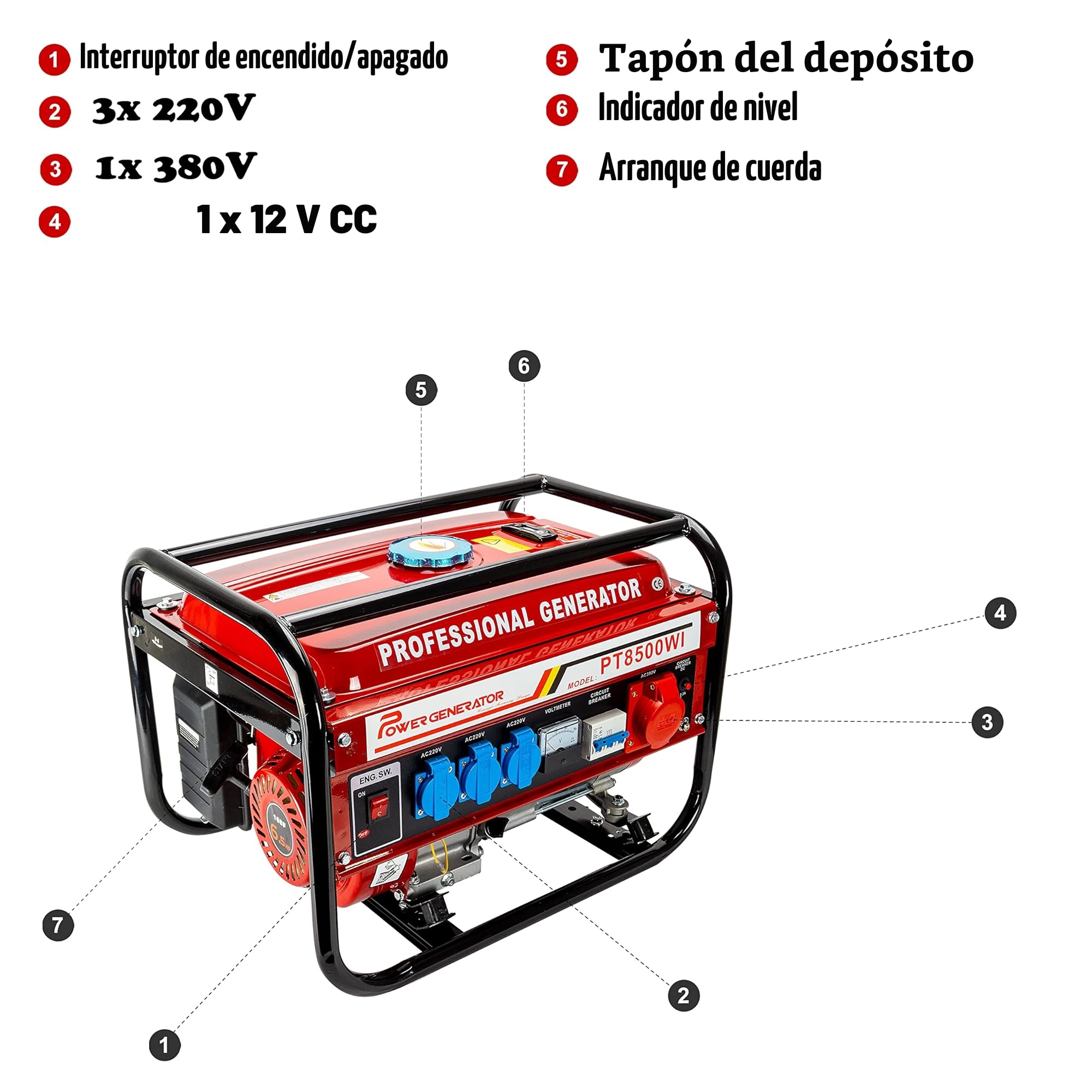 Generador de corriente con gasolina | Accesorios incluidos | Grupo electrógeno silencioso | 5 enchufes 3 x 230 V / 1 x 400 V / 1 x 12 V | 6,5 CV