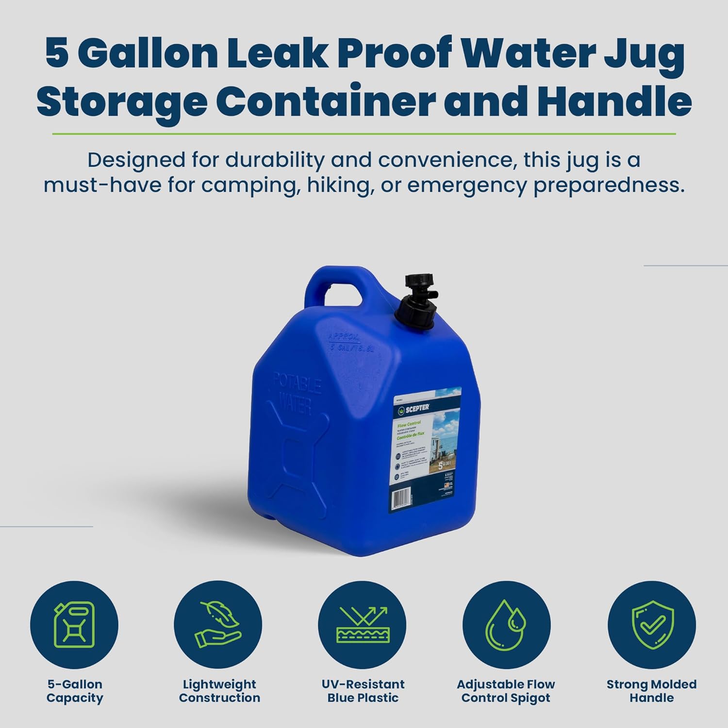 Scepter 4 Pack Flow Control 5 Gal Water Jug with Spigot, Leak-Proof Heavy Duty Water Can for Camping Supplies, Storage and More, 18.8 L Capacity, Blue