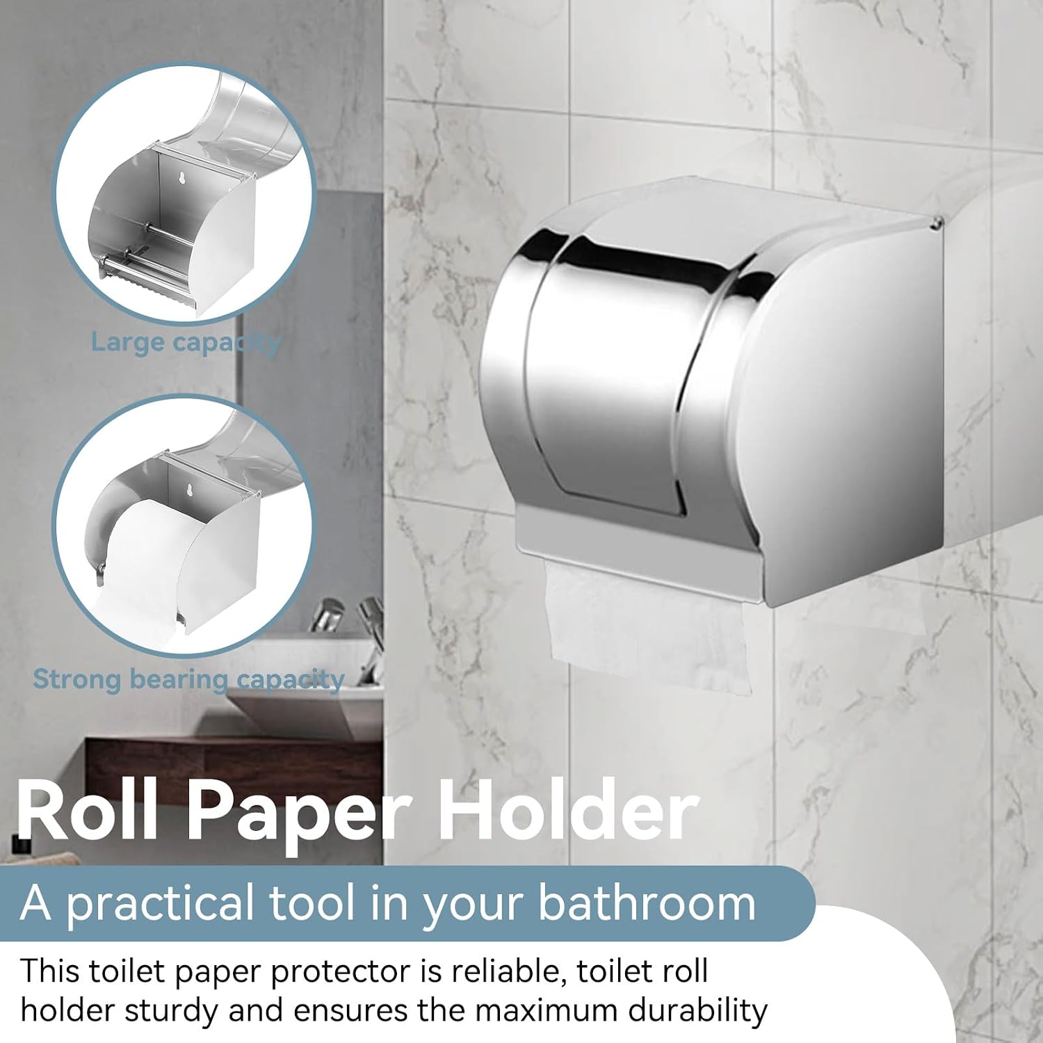 Cat Proof Toilet Paper Holder with Cover, 304 Stainless Steel Wall Mounted Waterproof Bathroom Tissue Holder, Splash-Proof Toilet Roll Cover for Bathroom & Kitchen (12.5x12.5x10.5cm, Square)