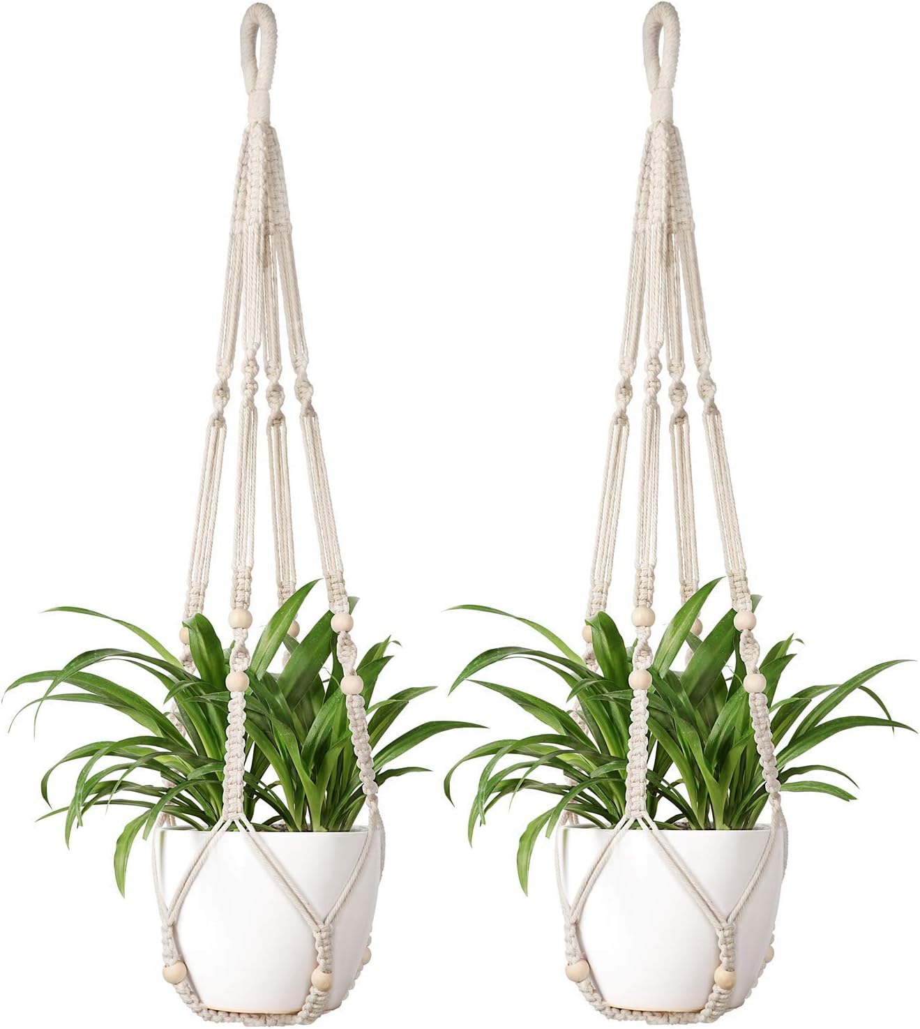 Mkouo Macrame Plant Hangers 2Pcs Indoor Hanging Planter Basket Flower Pot Holder Cotton Rope with Beads No Tassels, 89cm