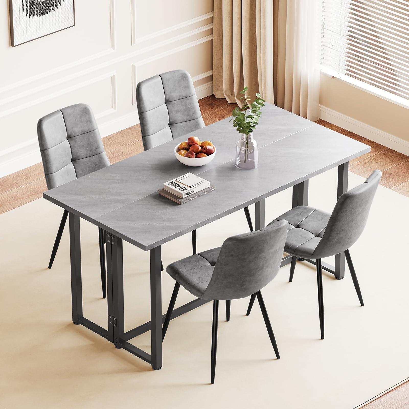 Luxstein Extendable Dining Table and Chairs Set 4,Grey Folding Table with Upholstered 4 Grey Retro PU Leather Chairs for Dining Room,Kitchen
