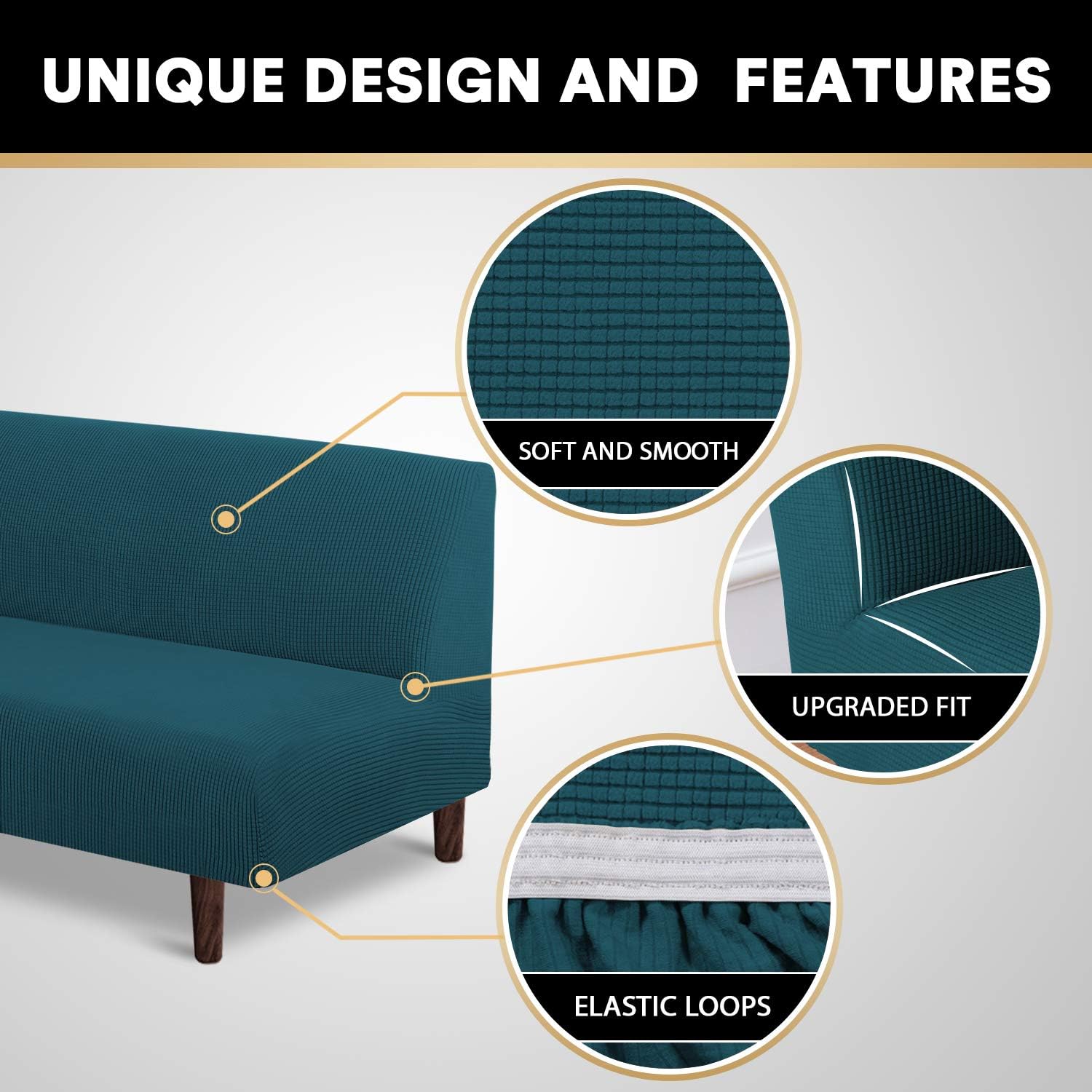 Stretch Armless Futon Cover Full Queen Size Futon Couch Cover with Elastic Bottom, Checked Pattern Jacquard (Deep Teal)
