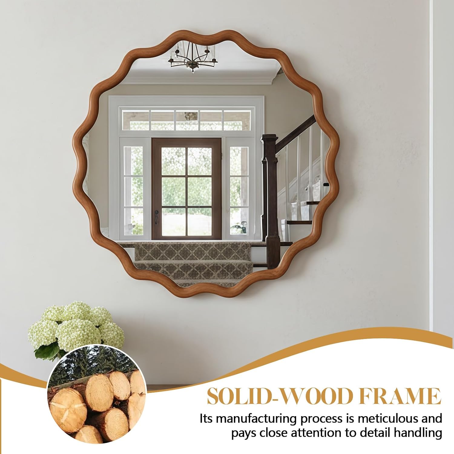 30" Wall Mirror with Wavy Edge Solid Wood Frame Decorative, Bathroom Mirror Tempered Glass for Hallway, Entryway, Living Room (Yellowish Brown)
