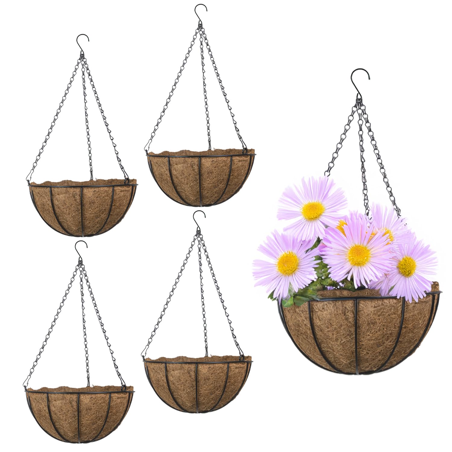 Hanging Flower Baskets with Coco Liner Steel Garden Planter Chain Hook 4 PACK