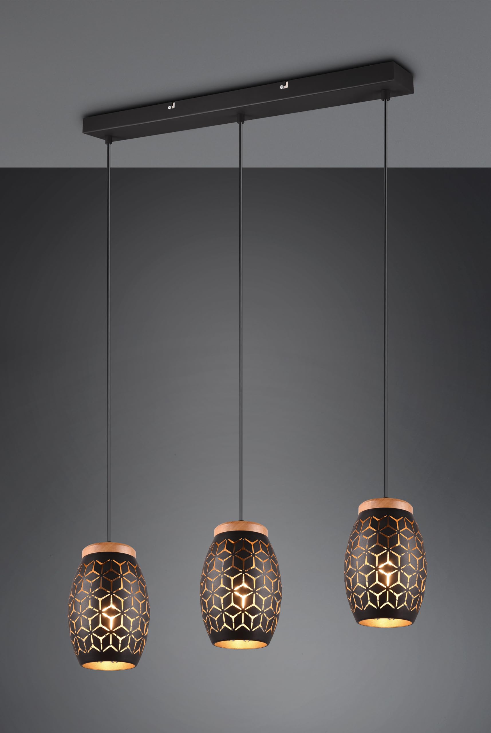 Reality Leuchten Pendelleuchte Bidar R31573080, Metall Schwarz matt, Holz naturbelassen, exkl. 3x E27