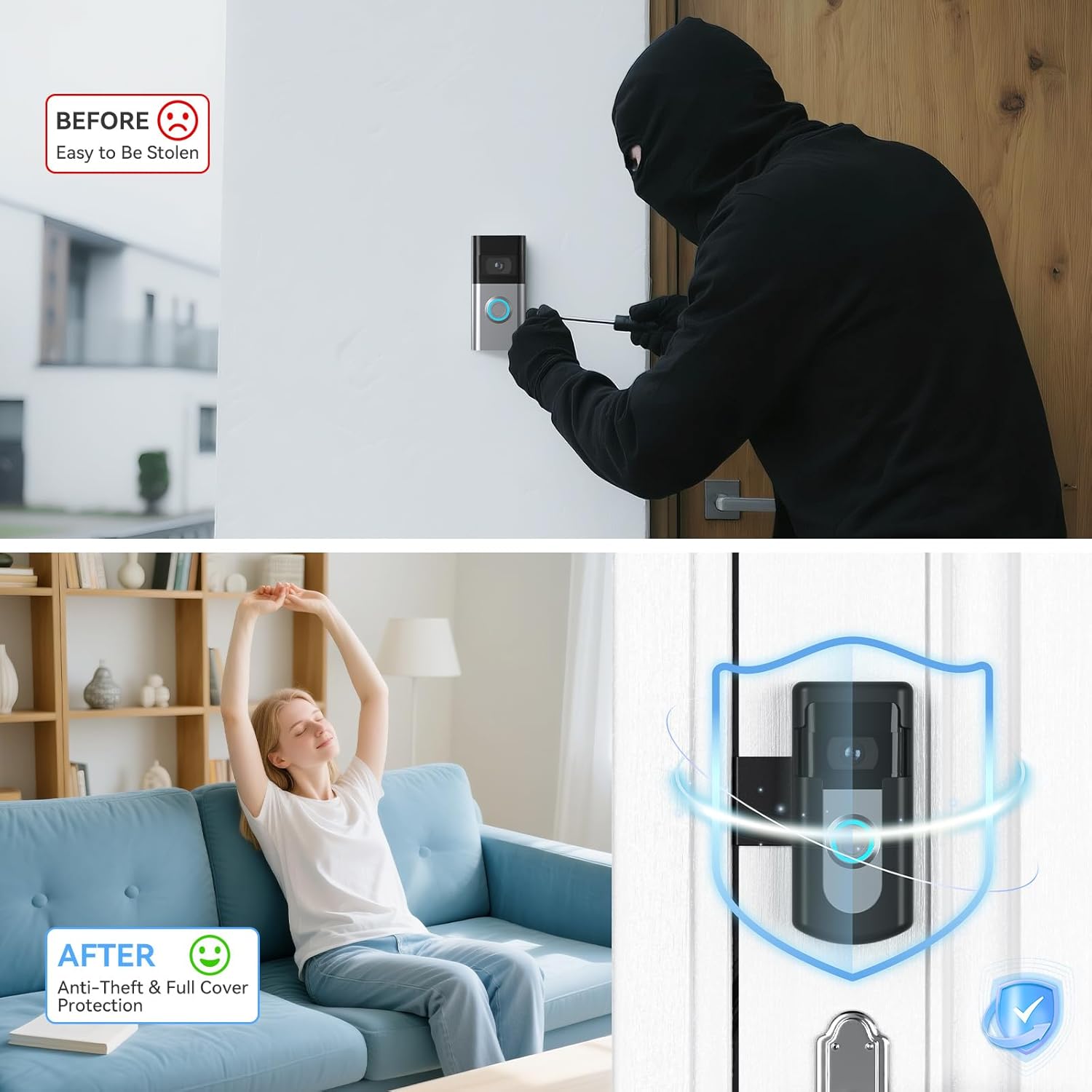 Anti-Theft Doorbell Mount Compatible with Ring & Blink Video Doorbell, Adjustable No-Drill Mounting Bracket, Non-Blocking Motion Sensor Design, Door Bell Kits for Home Apartment Office, Black