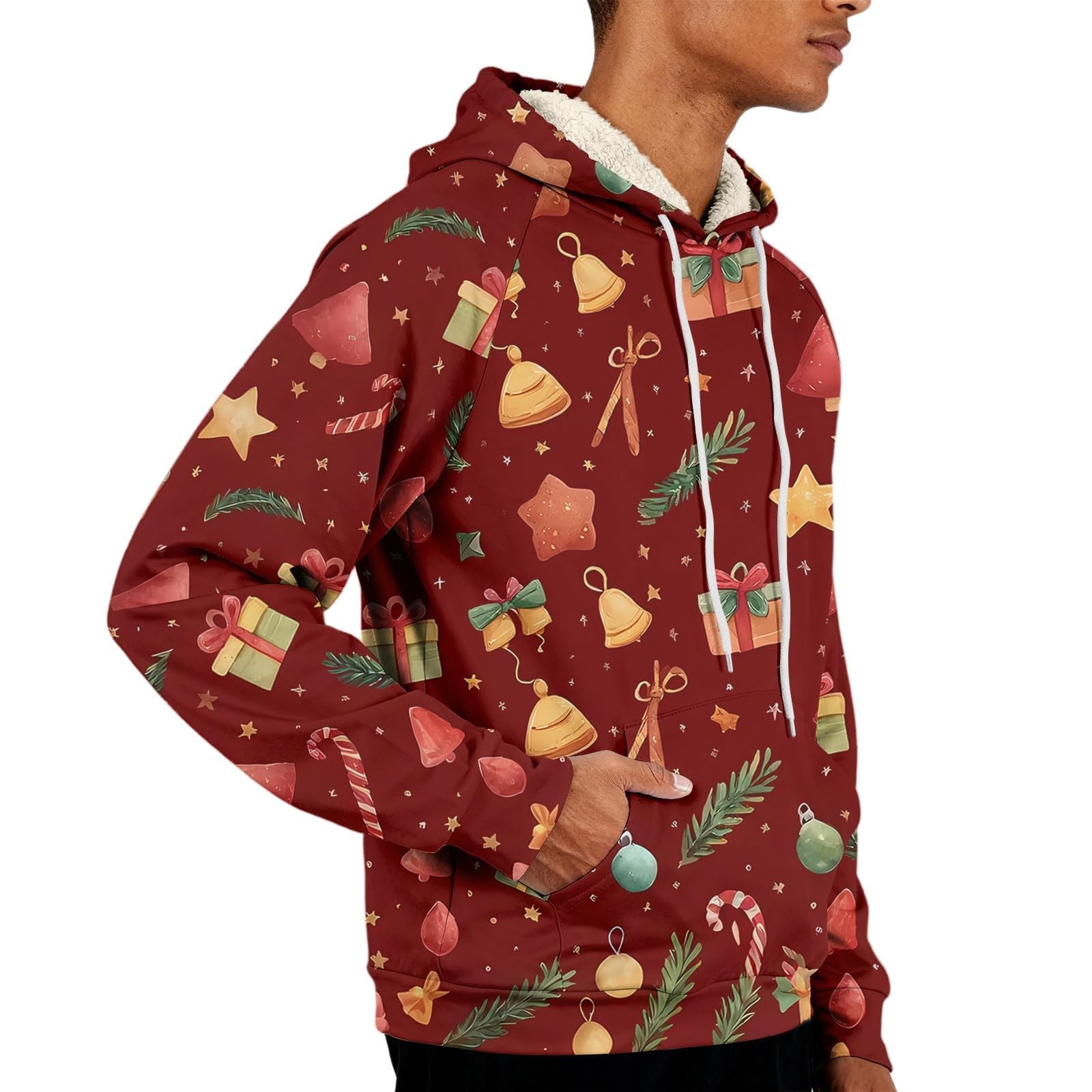 Sudaderas con capucha de Navidad forradas de forro polar para hombre divertidos renos árbol de Navidad sudaderas oversize de manga larga top cálido sherpa suéter novedad traje de Navidad ropa de