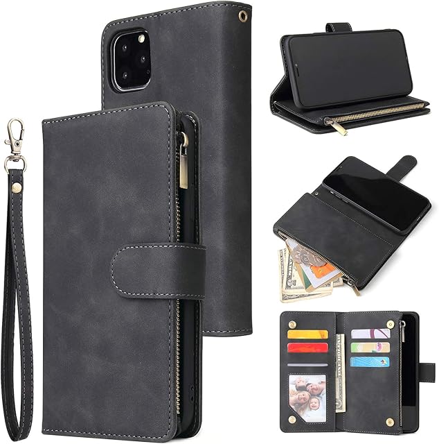 UEEBAI Wallet Case for iPhone 11, Premium Vintage PU Leather Magnetic Closure Handbag Zipper Pocket Case Kickstand Card Holder Slots with Wrist Strap TPU Shockproof Flip Cover for iPhone 11 - Black