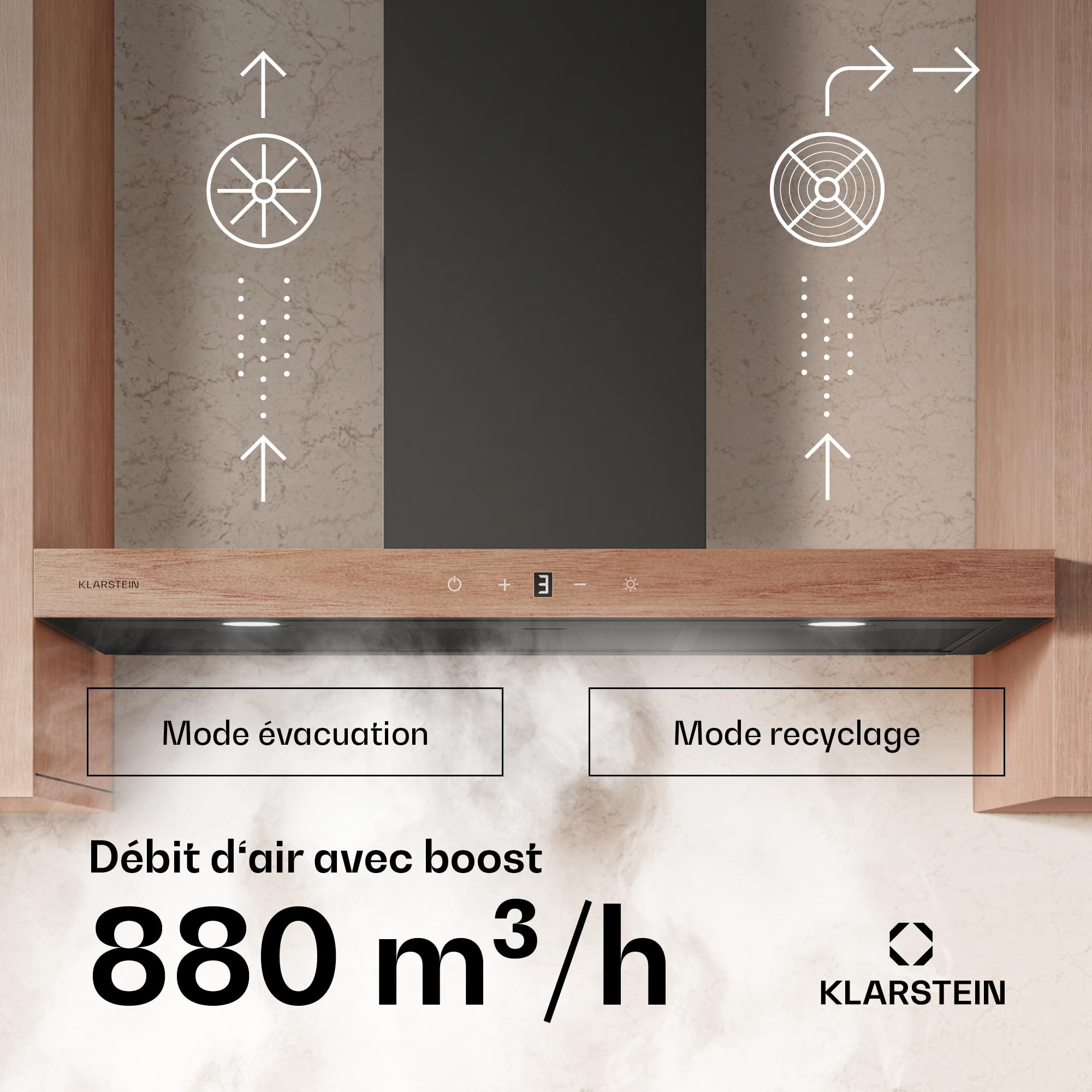 Klarstein ZenFusion T Hotte aspirante - 90 cm Hotte murale, Débit 885 m³/h Boost, Tactile, CEE A++, LED 4000 K, Silencieuse 47 dB, Noir, Air évacué & recyclé