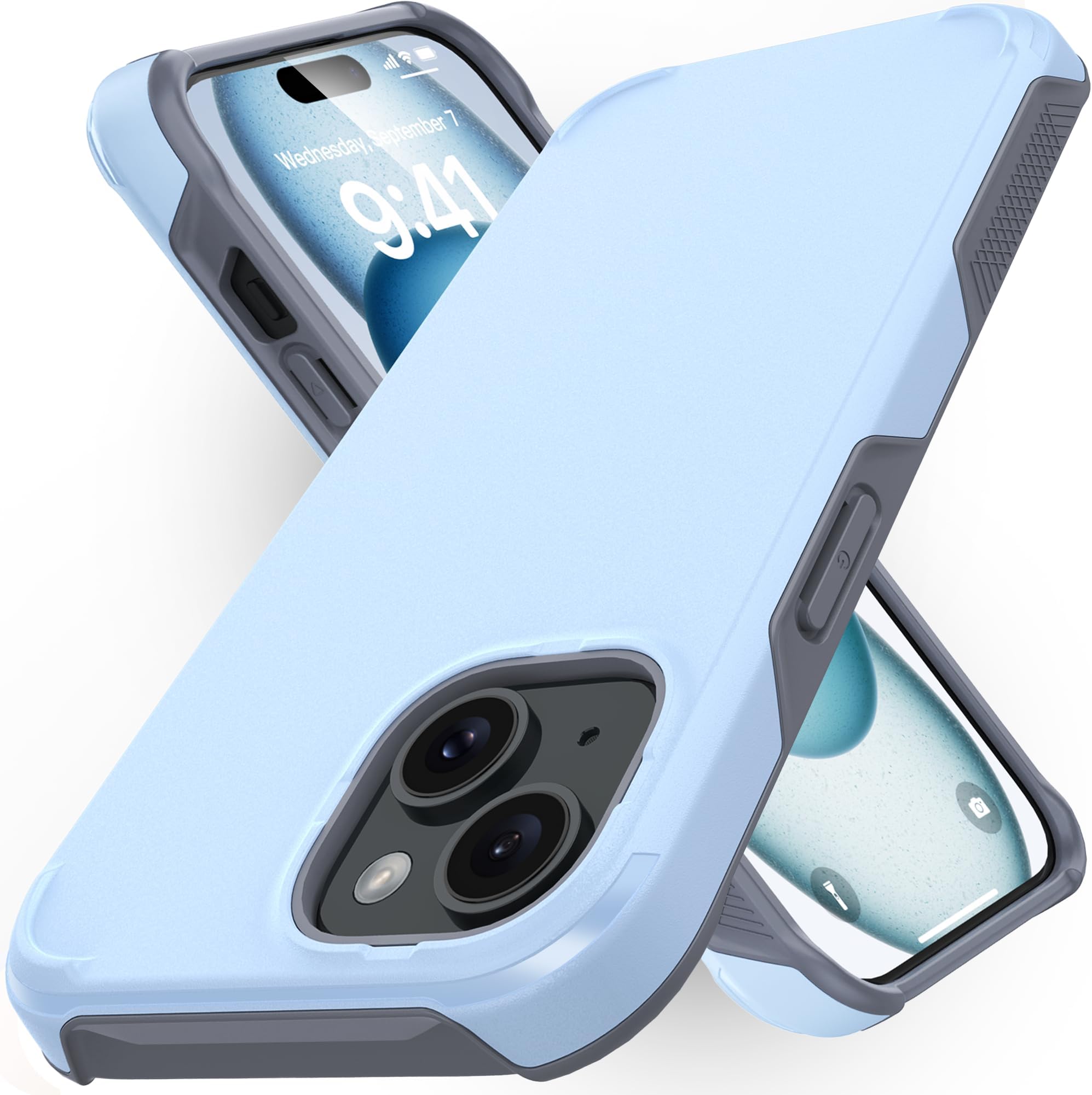 TEAM LUXURY Case for iPhone 15, [Military-Grade Drop Protection] Shockproof Rugged Protective Phone Cover, Non-Slip Grip - Wireless Charging Compatible - (Light Blue)
