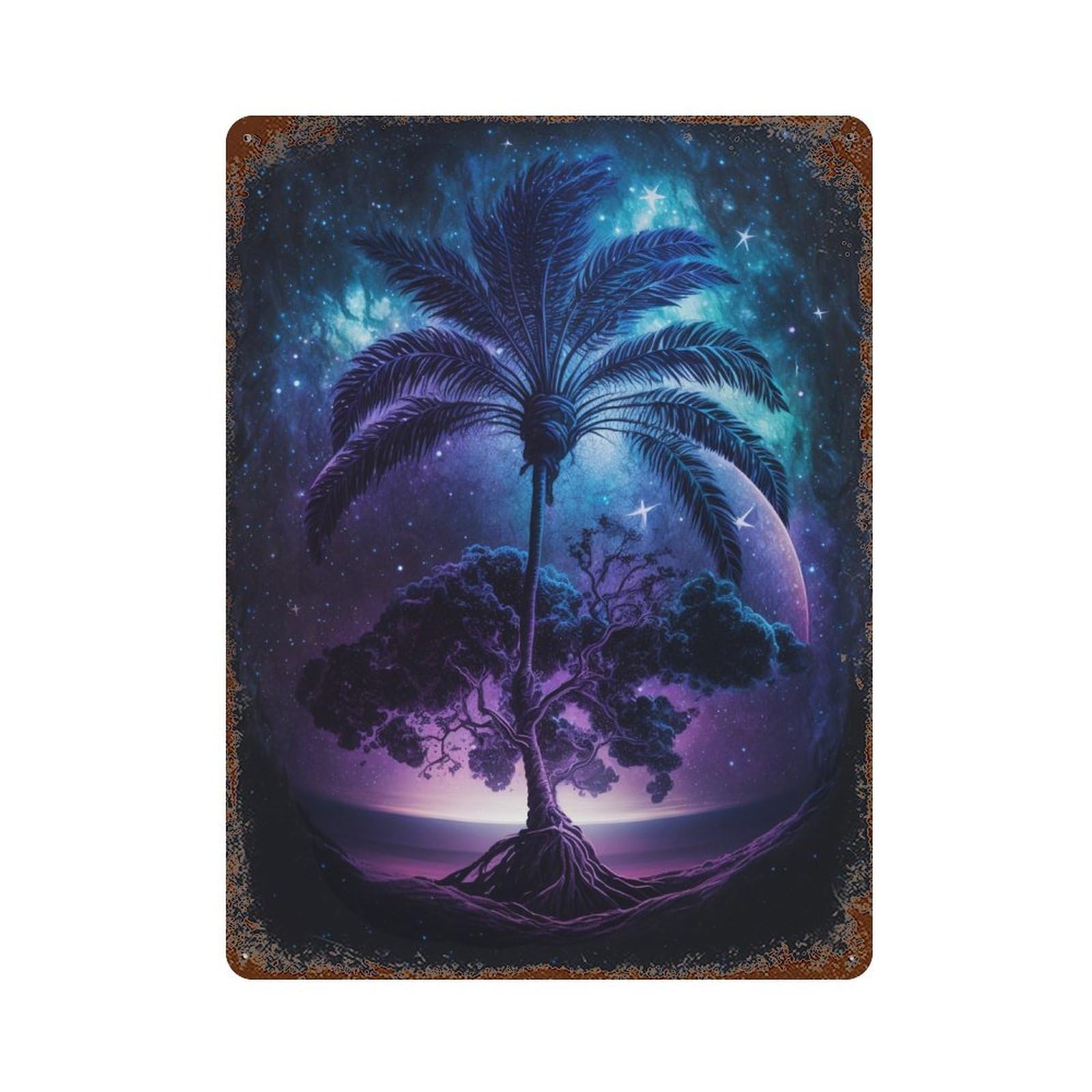Galactic Palm Tree Fantasy Rust Effect Tin Sign 15.7"x11.8", Decorative Metal Wall Art for Living Room, Hallway And Home Decor