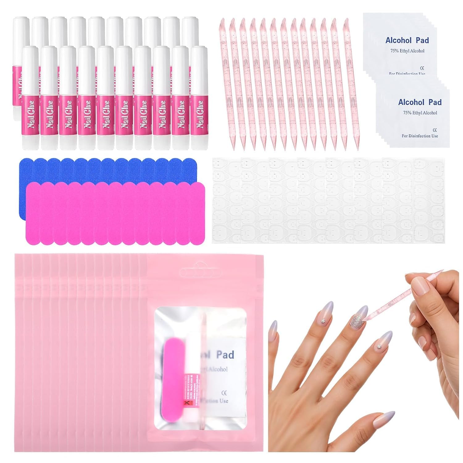20 Set Pink Press On Nail Tool Kit for Business - Prep Application Disposable Kit with File, Glue, Prep Pads, Adhesive Tabs, Wood Stick, Holographic Bag-picture-42