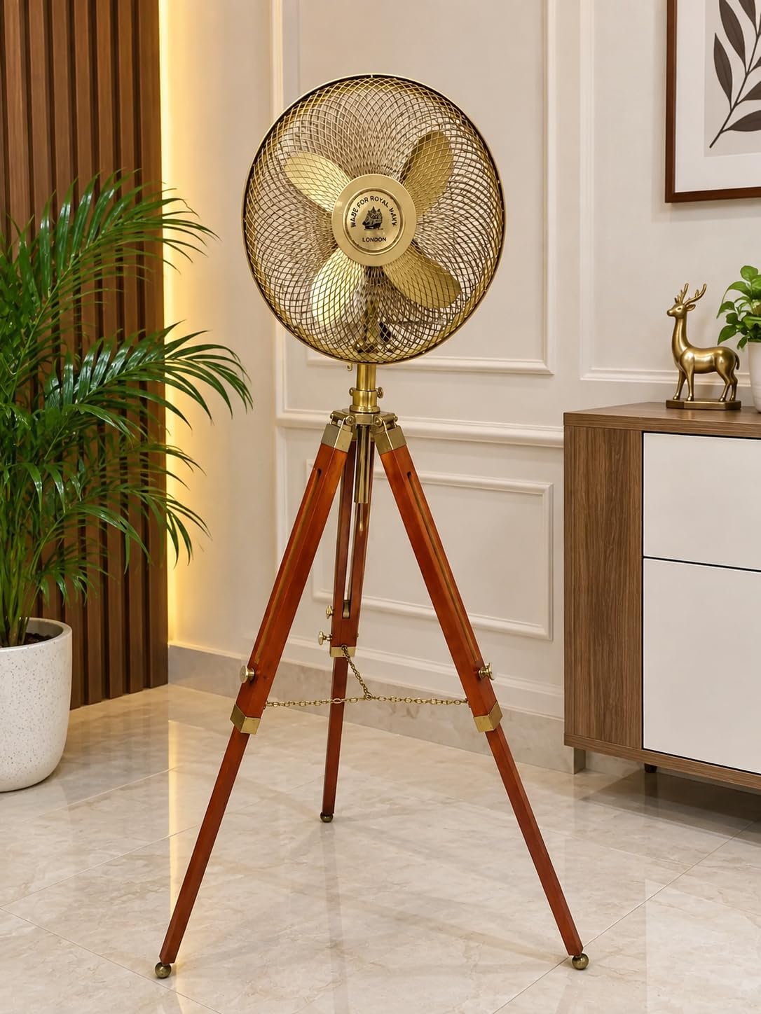 Handmade Brass Floor Fan, 60 Inch Retro Industrial Tripod Standing Fan, Full Cage Metal Fan, Adjustable Height, Vintage Decorative Fan for Living Room, Bedroom, Office, Cafe & Restaurant