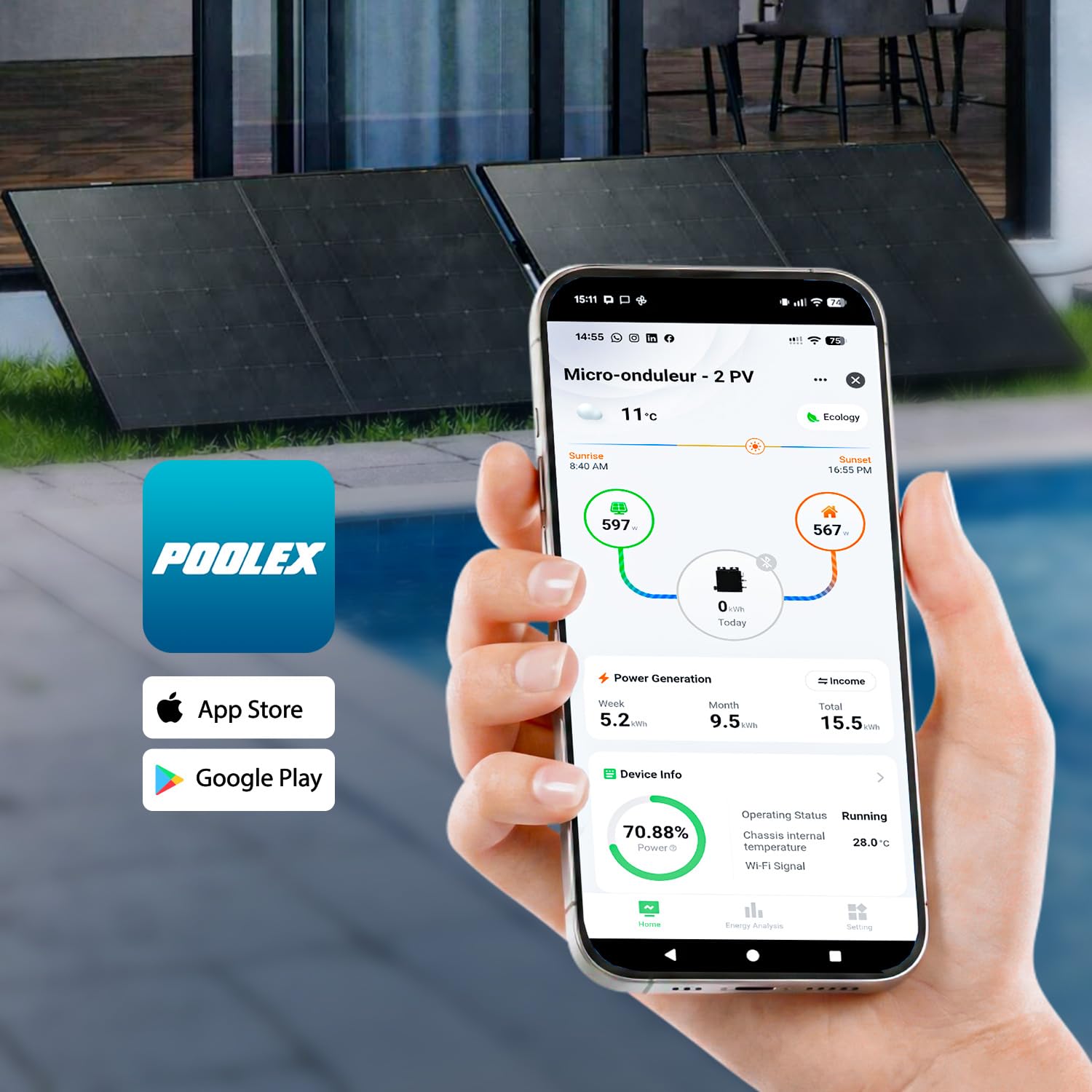 Poolex - Kit fotovoltaico Plug&Play 900W - Autoconsumo - TOPCon - Enchufe 230V, Wi-Fi & Aplicación: cero obras, 12 años Garantía, 310€/año