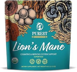 Lion’s Mane Powder - Organic Lions Mane Mushroom Extract for Cognitive & Nervous System Support - Brain Supplements for Memory and Focus 60g