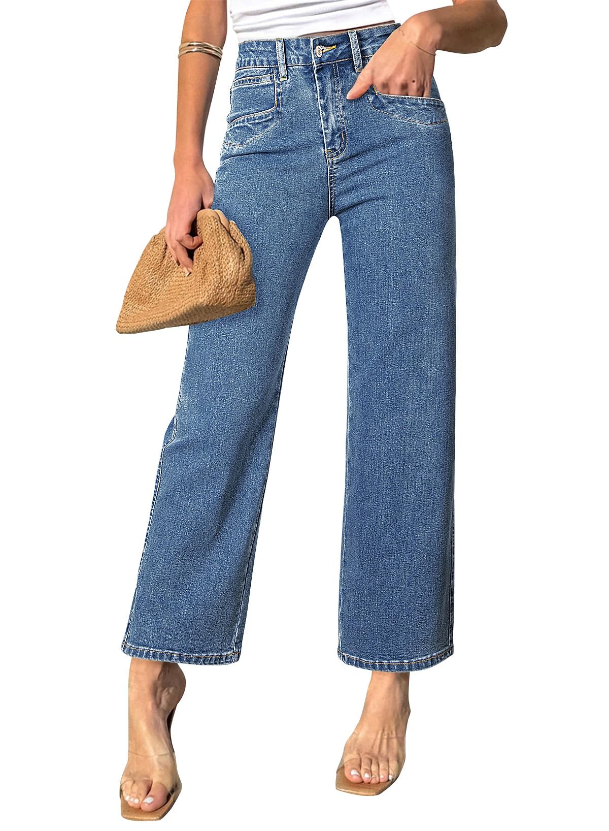 Sidefeel Women's Straight Leg Jeans High Waisted Stretchy Jeans Zimbaplatinum Wide Leg Ankle Denim Pants with Pockets