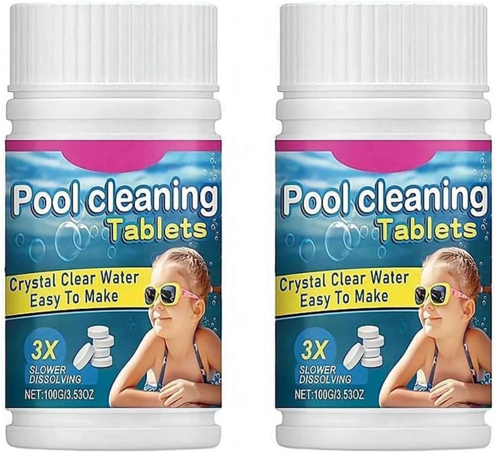 Pool Cleaning Tablets for Crystal Clear Water, 3X Slower Dissolving, Crystal Clear WaterTreatment, Clears Cloudy or Hazy Pool Water, Fast-Acting Slow Dissolve Formula for Swimming Pool,100g (2Pcs)