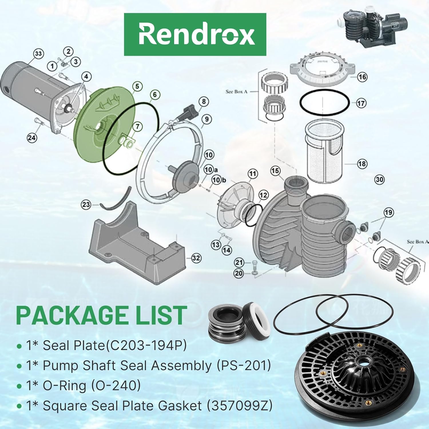 C203-194P Seal Plate Kit Compatible with Pentair Sta-Rite Max-E-Pro, Max-E-Glas & Dura-Glas Pumps | Includes Shaft Seal, Square Gasket & O-Ring