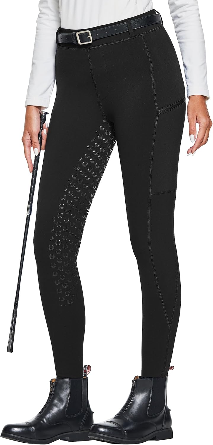 FitsT4 Sports Damen Winter-Reitleggings, Fleece-Reithose, Silikon-Vollbesatz-Reithose mit Reißverschlusstaschen und Gürtelschlaufen