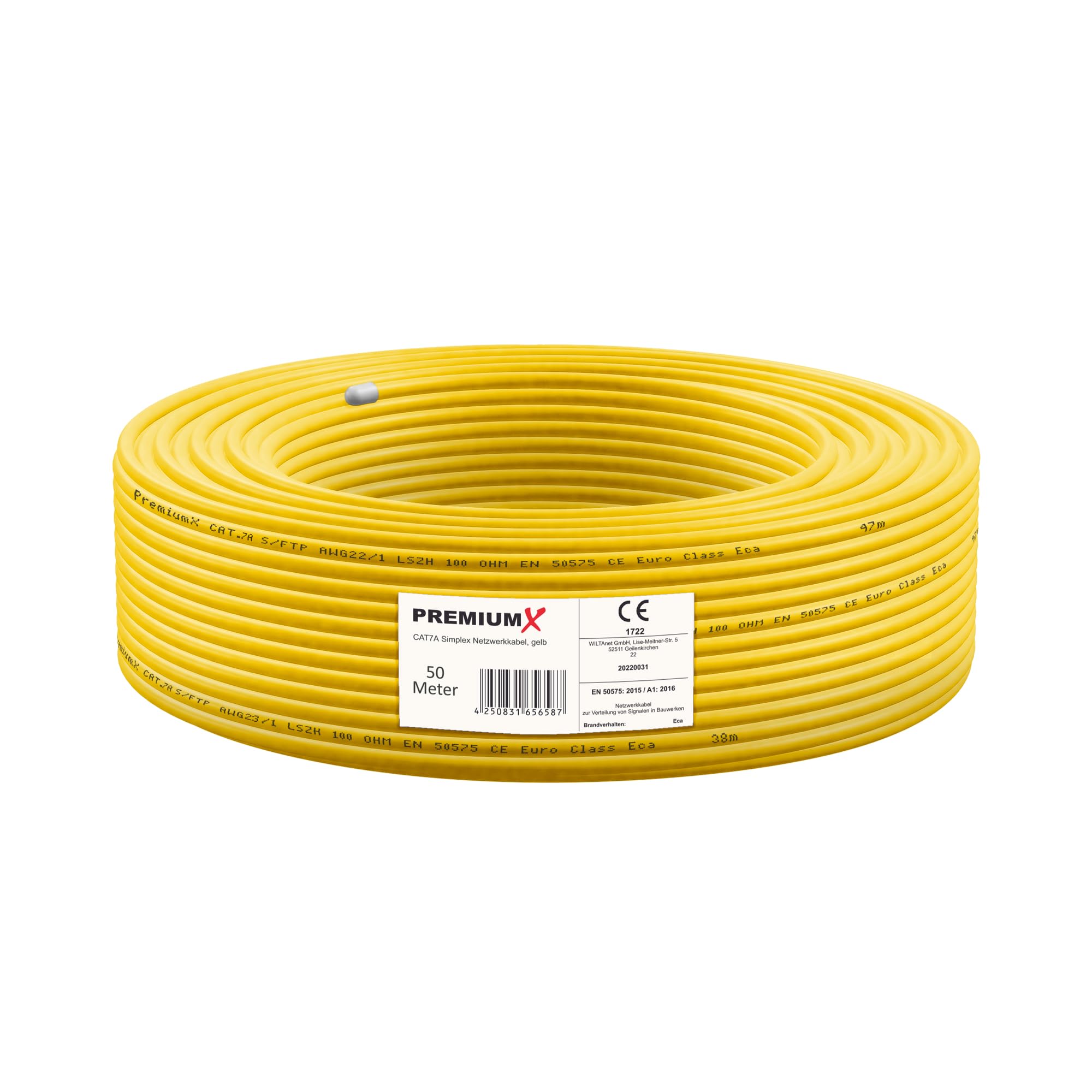 Premium X CAT 7A Cavo di rete 50m - Cavo Ethernet CAT7A Rame Puro - Schermato S/FTP - Cavo dati LAN Gigabit 1200 MHz 4x2xAWG23 PIMF PoE 10Gbit/s Senza alogenuri - Cavo di installazione - 50 metri