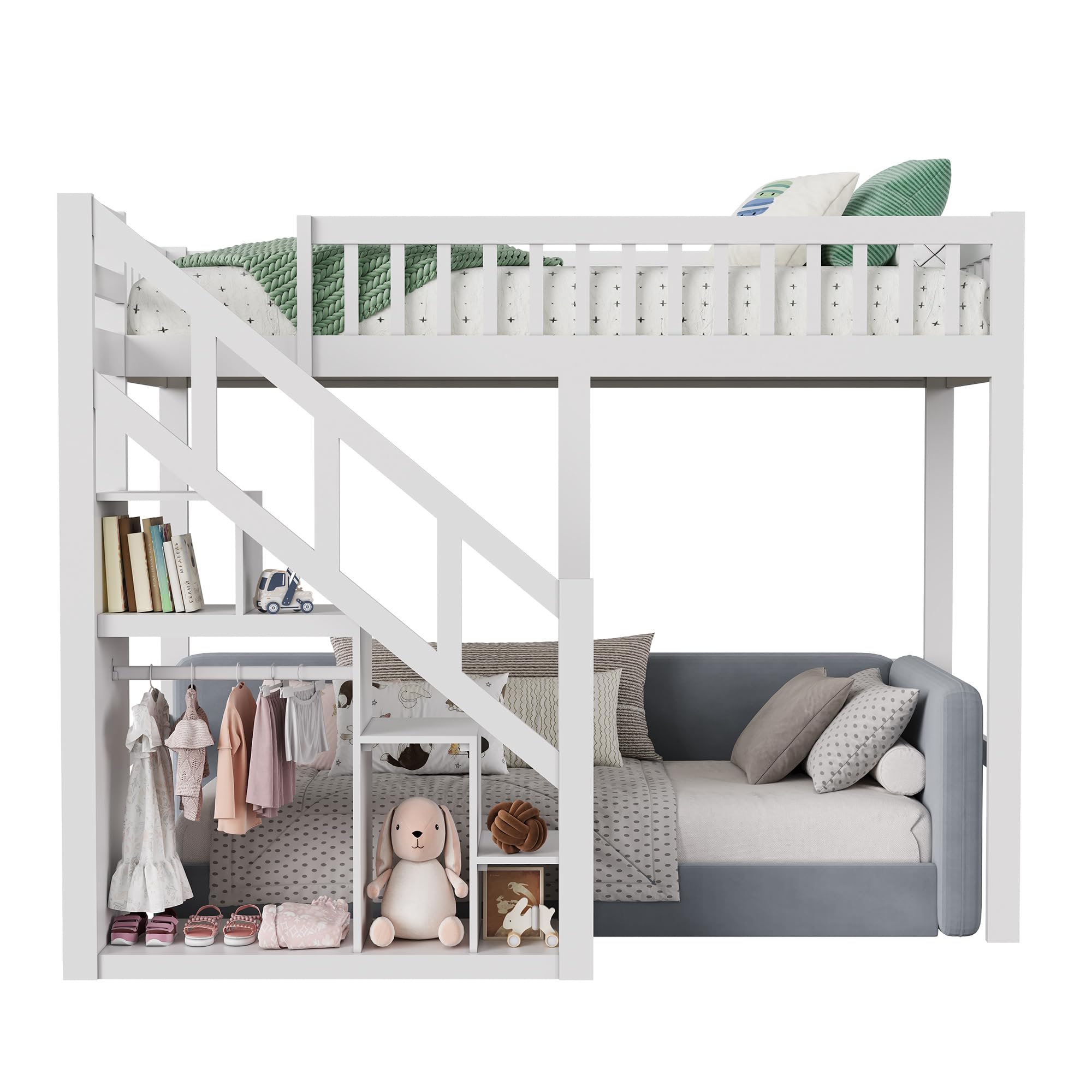 Etagenbett 90x200 mit Treppe & Stauraum, Hochbett Kinderbett mit Lattenrost, Funktionsbett Jugendhochbett Stockbett für Kinderzimmer, Jugendliche und Erwachsene, Weiß (Weiß, 90x200cm)