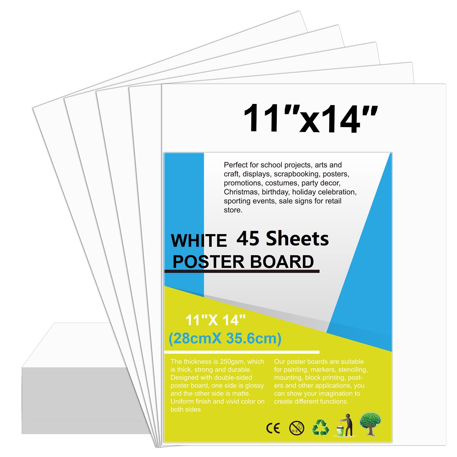 45 Pcs White Poster Board Paper 11x 14 Bulk, ROOKEA Vision Boards Blank Poster Paper for School Arts and Crafts, Classroom Projects, Presentations, Drawing, Scrapbooking, Graphic Displays