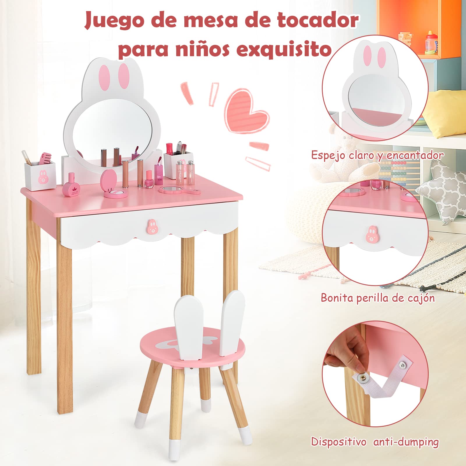 COSTWAY Set Mesa Tocador y Silla para Niños, Set Tocador para Niños con Espejo, Cajones, Mesa de Maquillaje para Niños y Niñas (Rosa)