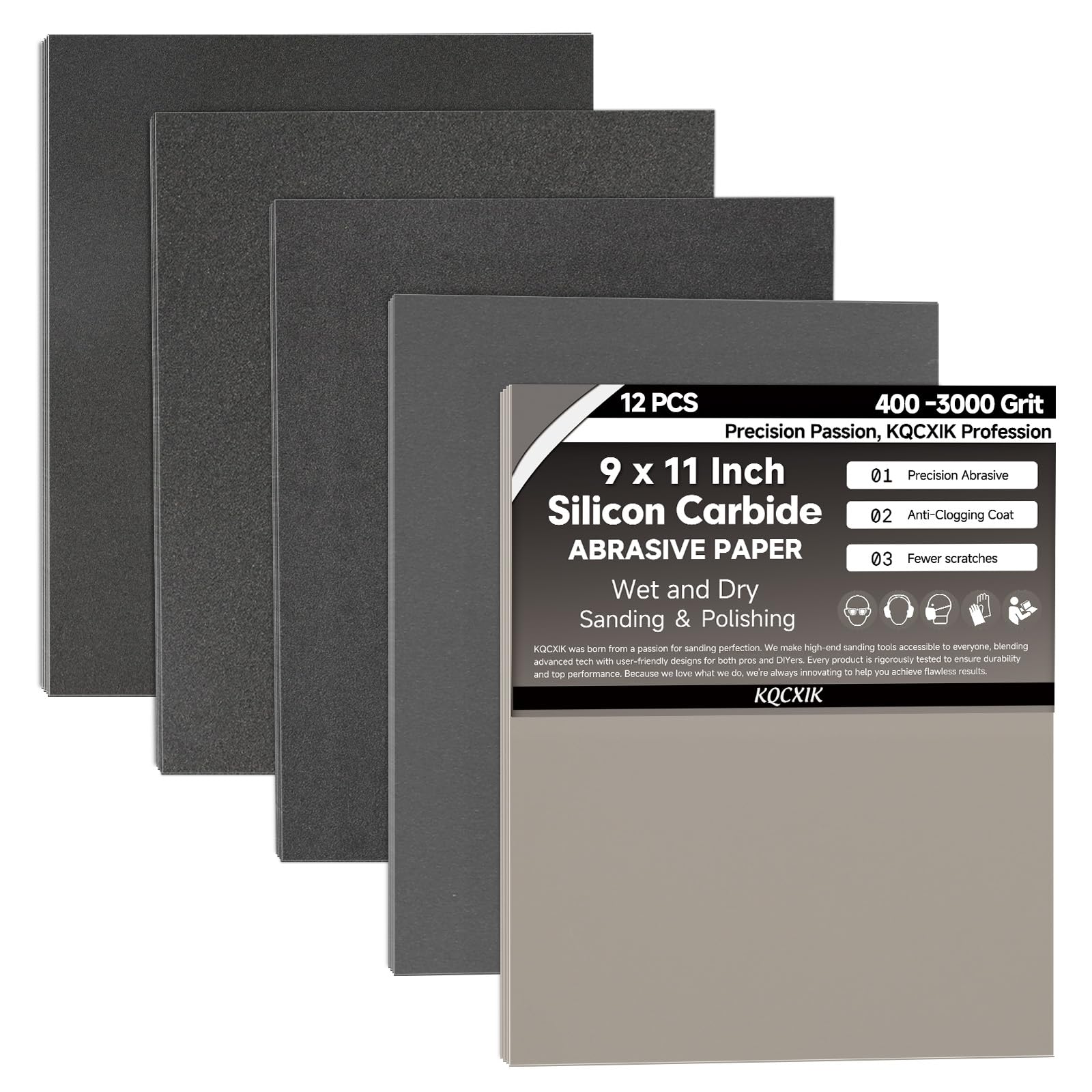 KQCXIK 12-Sheet Premium Wet Dry Sandpaper Assortment Fine, 9 x 11 Inch — image 1