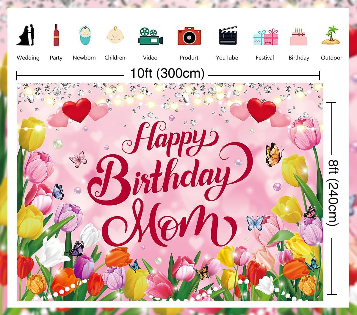 Happy Birthday Mom Backdrop Mother's Day Pink Tulip Floral Love Heart Glitter Diamonds Photography Background Queen Best Mom's Birthday Backdrop for Women Party Decorations Banner Supplies (10x8FT)