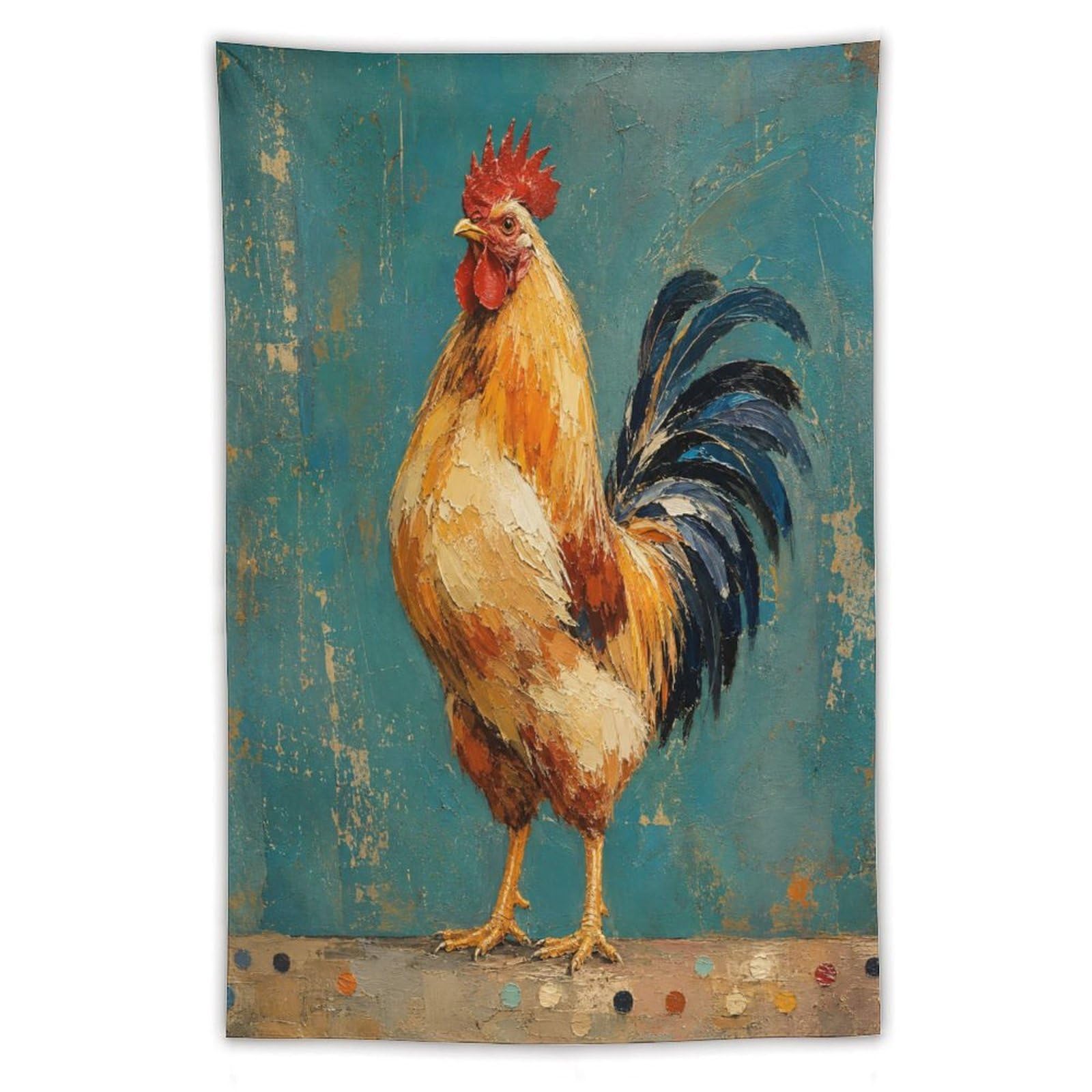W7C8U2X3 Rooster Blue Background Wall Tapestry, Farm Bird Portrait